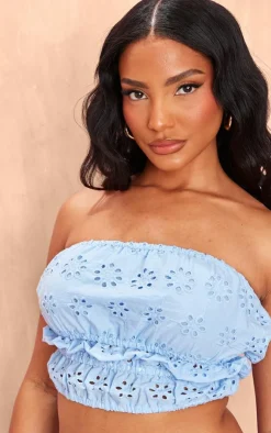 Discount PrettyLittleThing Broderie Ruched Bandeau Top Pale Blue