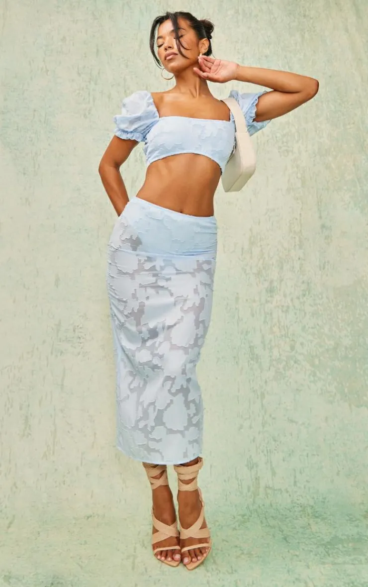 Best PrettyLittleThing Floral Applique High Waist Midi Skirt Pale Blue
