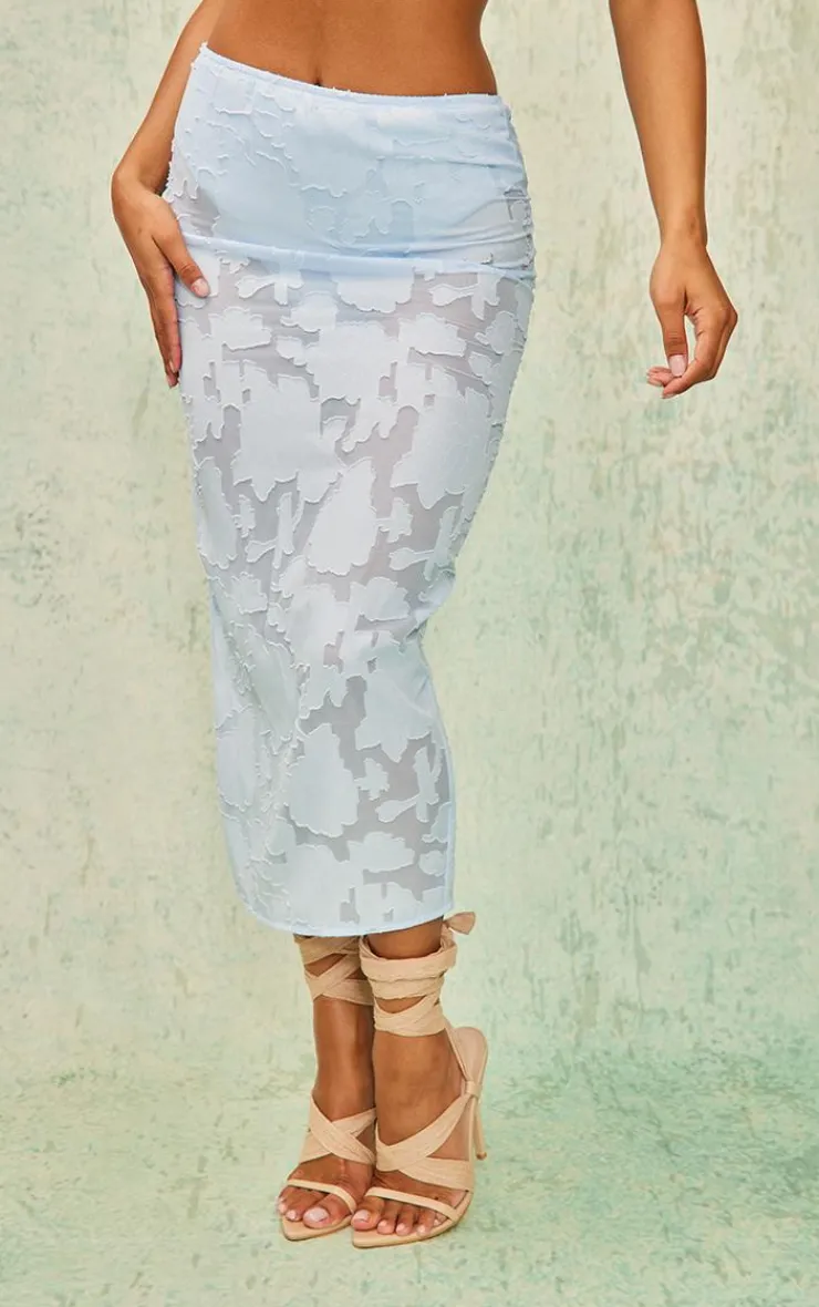 Best PrettyLittleThing Floral Applique High Waist Midi Skirt Pale Blue