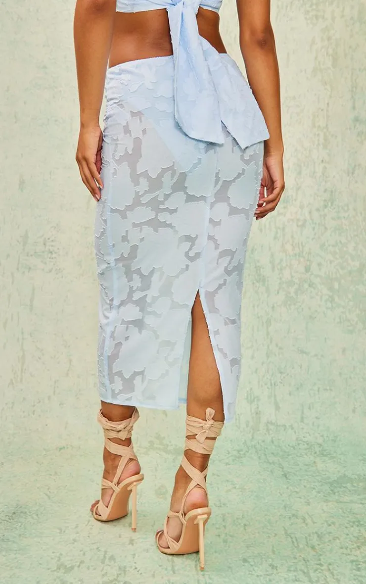 Best PrettyLittleThing Floral Applique High Waist Midi Skirt Pale Blue