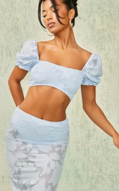 Best PrettyLittleThing Floral Applique High Waist Midi Skirt Pale Blue