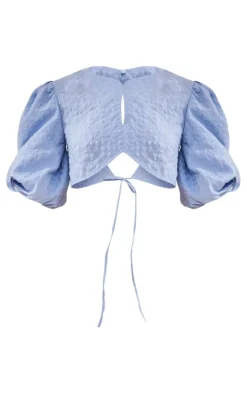 Discount PrettyLittleThing Gingham Seersucker Balloon Sleeve Open Back Top Pale Blue