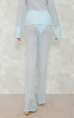 New PrettyLittleThing Mesh Textured High Waisted Panties Flare Pants Pale Blue
