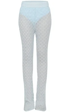 New PrettyLittleThing Mesh Textured High Waisted Panties Flare Pants Pale Blue