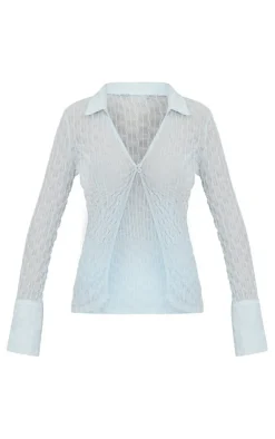 Outlet PrettyLittleThing Mesh Textured Long Sleeve Open Collar Top Pale Blue