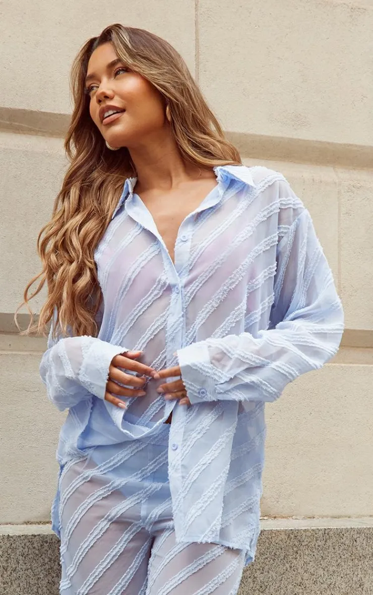 Best PrettyLittleThing Textured Chiffon Oversized Button Up Shirt Pale Blue