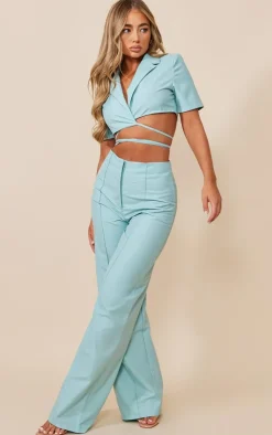 PrettyLittleThing Woven Tie Waist Short Sleeved Cropped Blazer Pale Blue