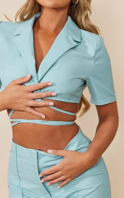 PrettyLittleThing Woven Tie Waist Short Sleeved Cropped Blazer Pale Blue
