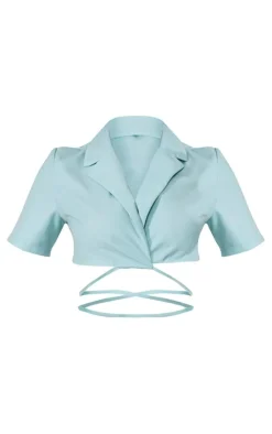 PrettyLittleThing Woven Tie Waist Short Sleeved Cropped Blazer Pale Blue