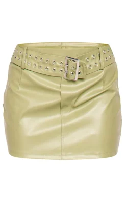 Pale Green Faux Leather Belt Detail Mini Skirt