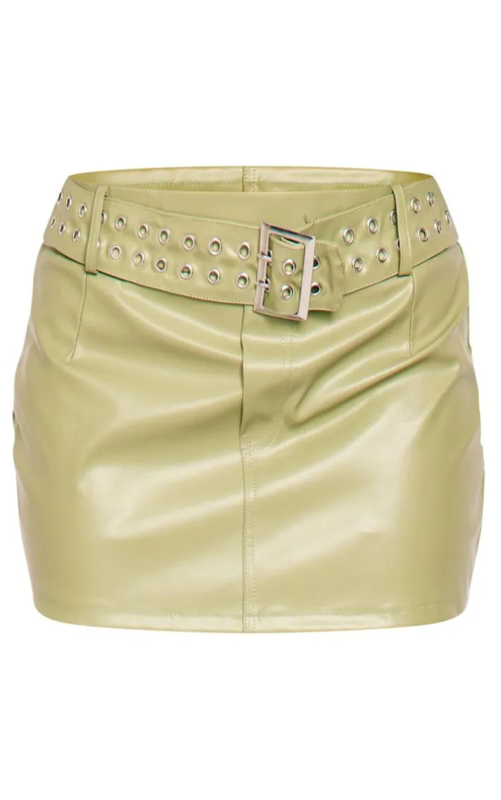 Pale Green Faux Leather Belt Detail Mini Skirt