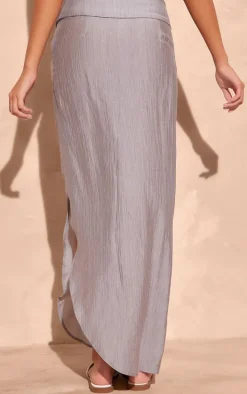 Pale Grey Crinkle Woven Fold Over Waist Maxi Skirt