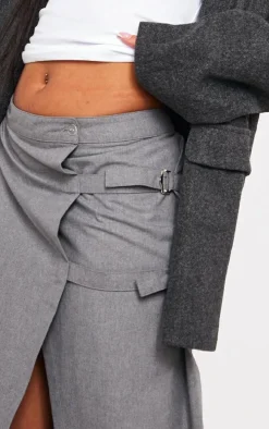 Pale Grey Marl Woven Tailored Wrap Front Maxi Skirt