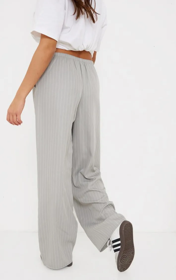 Pale Grey Pinstripe Woven Drawstring Waist Low Rise Relaxed Pants