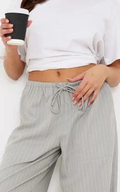 Pale Grey Pinstripe Woven Drawstring Waist Low Rise Relaxed Pants