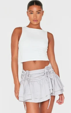 Pale Grey Pinstripe Woven Ruched Front Peplum Mini Skirt