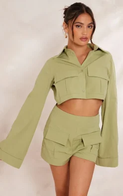 Clearance PrettyLittleThing Cotton Pocket Front Detail Tailored Shorts Pale Khaki