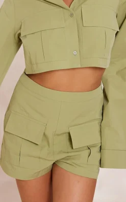 Clearance PrettyLittleThing Cotton Pocket Front Detail Tailored Shorts Pale Khaki