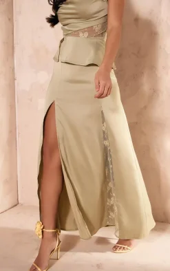 New PrettyLittleThing Satin Lace Insert Split Hem Maxi Skirt Pale Olive