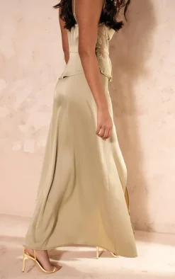 New PrettyLittleThing Satin Lace Insert Split Hem Maxi Skirt Pale Olive