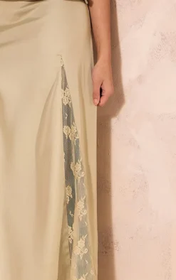 New PrettyLittleThing Satin Lace Insert Split Hem Maxi Skirt Pale Olive