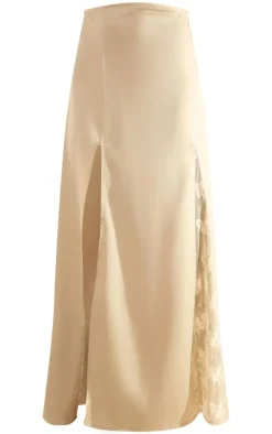 New PrettyLittleThing Satin Lace Insert Split Hem Maxi Skirt Pale Olive