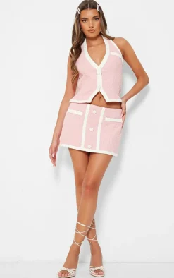 Hot PrettyLittleThing Boucle Button Detail Contrast Mini Skirt Pale Pink