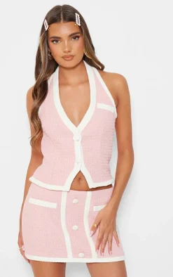 Hot PrettyLittleThing Boucle Button Detail Contrast Mini Skirt Pale Pink