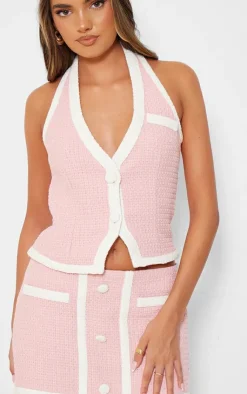 Hot PrettyLittleThing Boucle Button Detail Contrast Mini Skirt Pale Pink