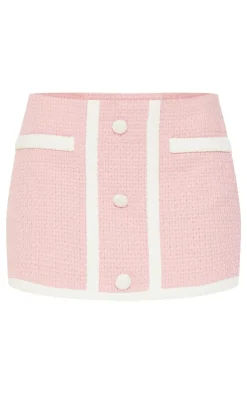 Hot PrettyLittleThing Boucle Button Detail Contrast Mini Skirt Pale Pink