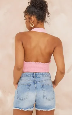 Pale Pink Linen Feel Knot Detail Halter Crop Top