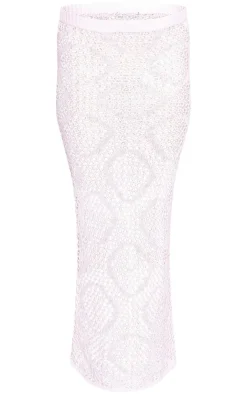 Hot PrettyLittleThing Open Crochet Floral Applique Low Rise Maxi Skirt Pale Pink