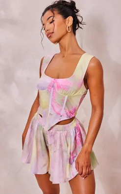 Discount PrettyLittleThing Print Linen Look Corset Pale Pink