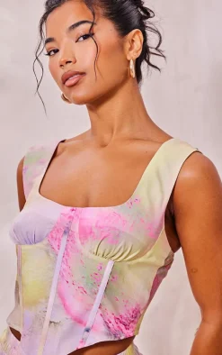 Discount PrettyLittleThing Print Linen Look Corset Pale Pink