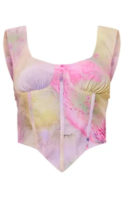 Discount PrettyLittleThing Print Linen Look Corset Pale Pink