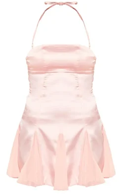 Satin Halter Neck Mesh Frill Mini Dress-PrettyLittleThing New