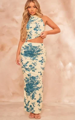 Outlet PrettyLittleThing Floral Print Soft Touch Ruched Back Maxi Skirt Pale Yellow