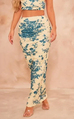 Outlet PrettyLittleThing Floral Print Soft Touch Ruched Back Maxi Skirt Pale Yellow