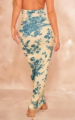 Outlet PrettyLittleThing Floral Print Soft Touch Ruched Back Maxi Skirt Pale Yellow