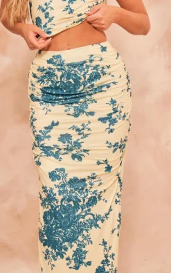 Outlet PrettyLittleThing Floral Print Soft Touch Ruched Back Maxi Skirt Pale Yellow