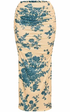 Outlet PrettyLittleThing Floral Print Soft Touch Ruched Back Maxi Skirt Pale Yellow