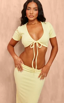 Discount PrettyLittleThing Textured Jersey Tie Front Short Sleeve Crop Top Pale Yellow