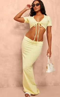 Discount PrettyLittleThing Textured Jersey Tie Front Short Sleeve Crop Top Pale Yellow