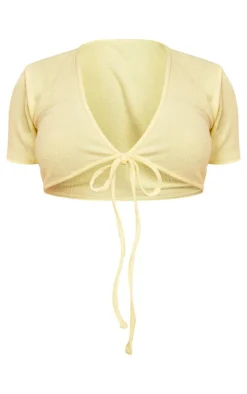 Discount PrettyLittleThing Textured Jersey Tie Front Short Sleeve Crop Top Pale Yellow