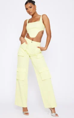 Clearance PrettyLittleThing Twill Pocket Detail High Waist Cargo Pants Pale Yellow