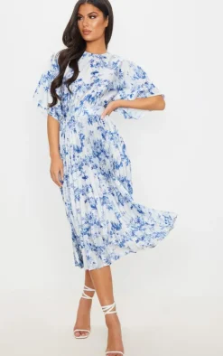 Floral Print Open Back Pleated Midi Dress-PrettyLittleThing Outlet