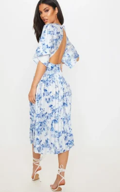 Floral Print Open Back Pleated Midi Dress-PrettyLittleThing Outlet