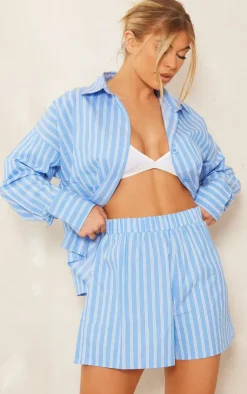 Best PrettyLittleThing Stripe Cotton Elasticated Floaty Shorts Pastel Blue