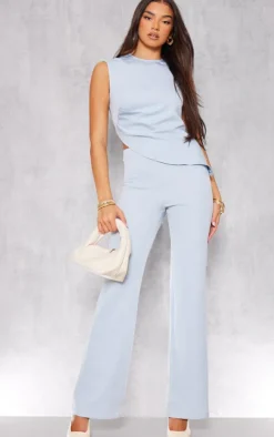 Outlet PrettyLittleThing Tailored Side Ruched Asymmetric Hem Longline Top Pastel Blue