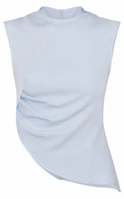 Outlet PrettyLittleThing Tailored Side Ruched Asymmetric Hem Longline Top Pastel Blue